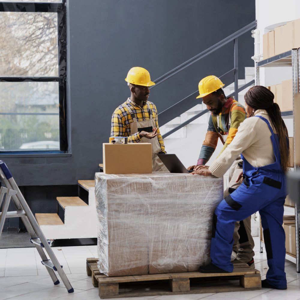 African american retail storehouse workers discussing customer online order on laptop. All black post office employees wearing protective hard hats and overalls checking parcels delivery schedule